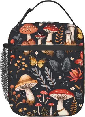 Mushroom Polyester Lunch Box for Kids Teen,Cute Reusable Thermal Lunch Bag for Adult Women,Butterfly Insulated Tote Cooler Bags for School, Work, Picnic,Travel,Autumnal Forest Fungi Design