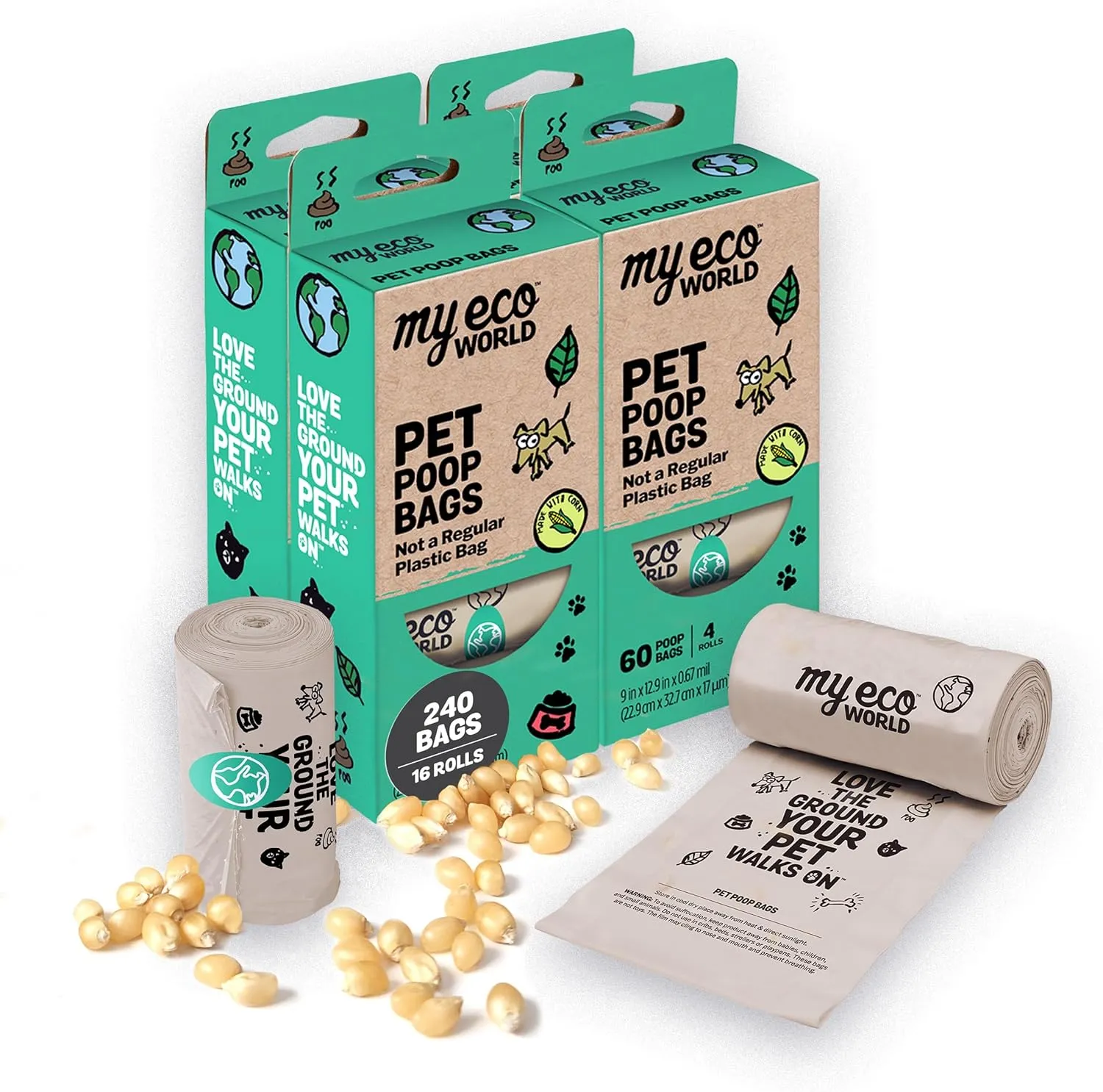 MyEcoWorld® Compostable Pet Poop Bags - Made with Corn and Other Certified Compostable Materials - 240 Bags - 16 Roll - Extra Strong - Leak Proof - Unscented - Easy to Open