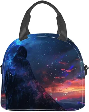 Mysterious cloaked figure under a cosmic night sky colorful nebula and Insulated Adult Lunch Bag with Shoulder Strap for Women Lightweight Reusable Portable Freezable Lunch Tote Bag for Work Picnic
