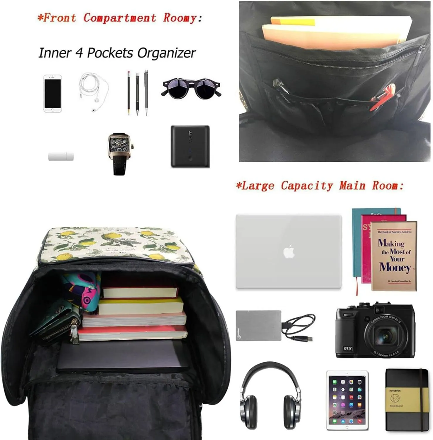 Naanle Daypack College School Backpack Large Travel Hiking Bags for Men Women,Waterproof Computer Bag Fits 15.6 Inch Laptop
