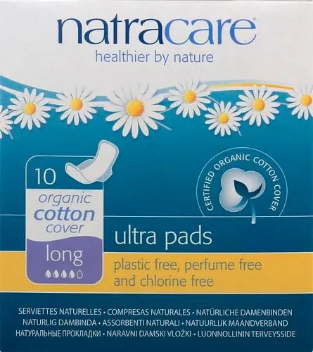 Natracare Slim Fitting Ultra Pads with Wings, Long, Made with Certified Organic Cotton, Ecologically Certified Cellulose Pulp and Plant Starch (4 Pack, 10 Pads Total)
