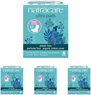 Natracare Slim Fitting Ultra Pads with Wings, Long, Made with Certified Organic Cotton, Ecologically Certified Cellulose Pulp and Plant Starch (4 Pack, 10 Pads Total)
