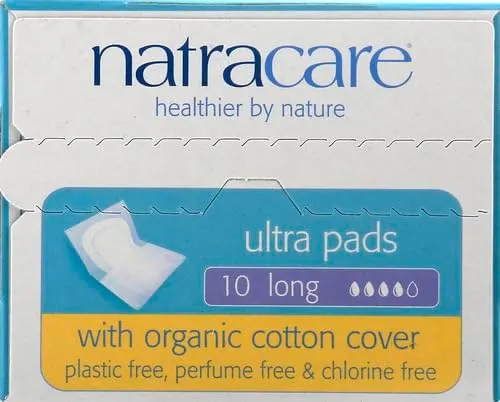 Natracare Slim Fitting Ultra Pads with Wings, Long, Made with Certified Organic Cotton, Ecologically Certified Cellulose Pulp and Plant Starch (4 Pack, 10 Pads Total)