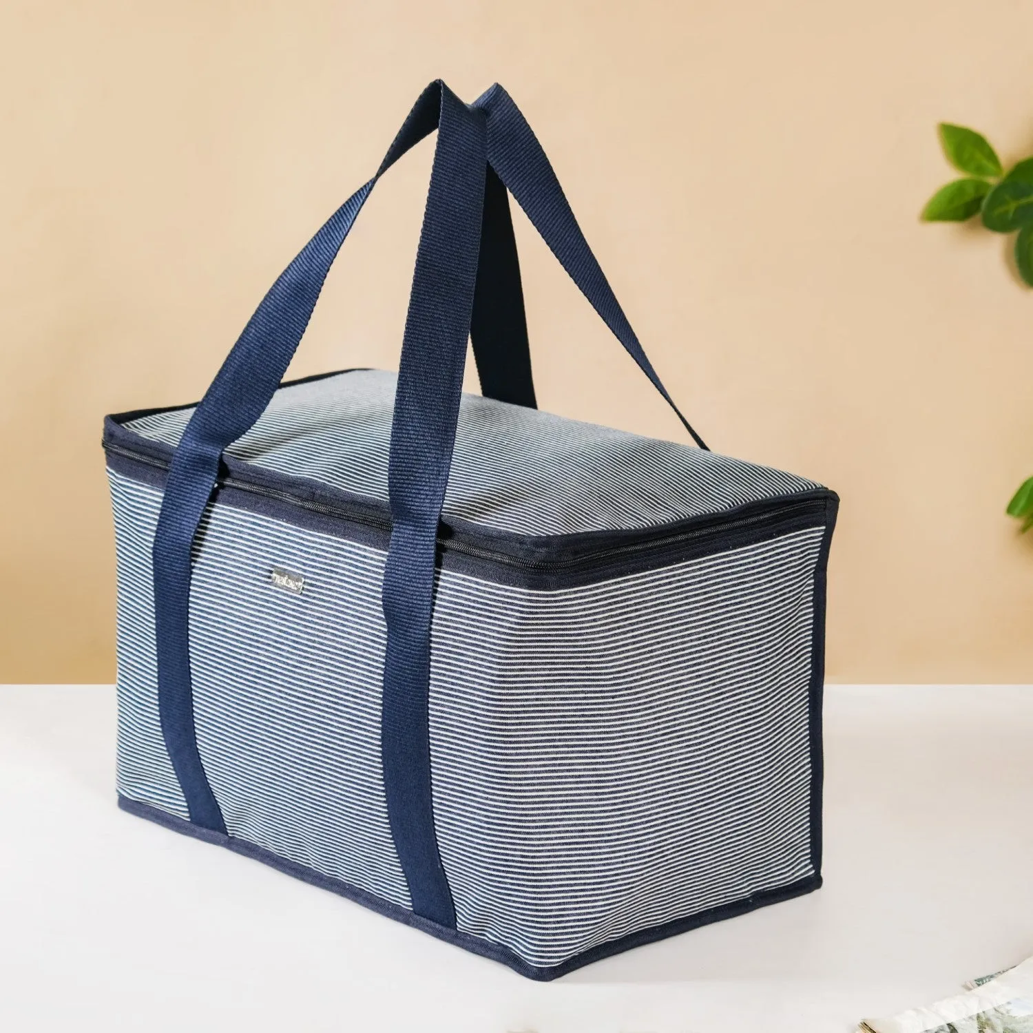 Navy Blue Striped Insulated Food Picnic Bag 30 L