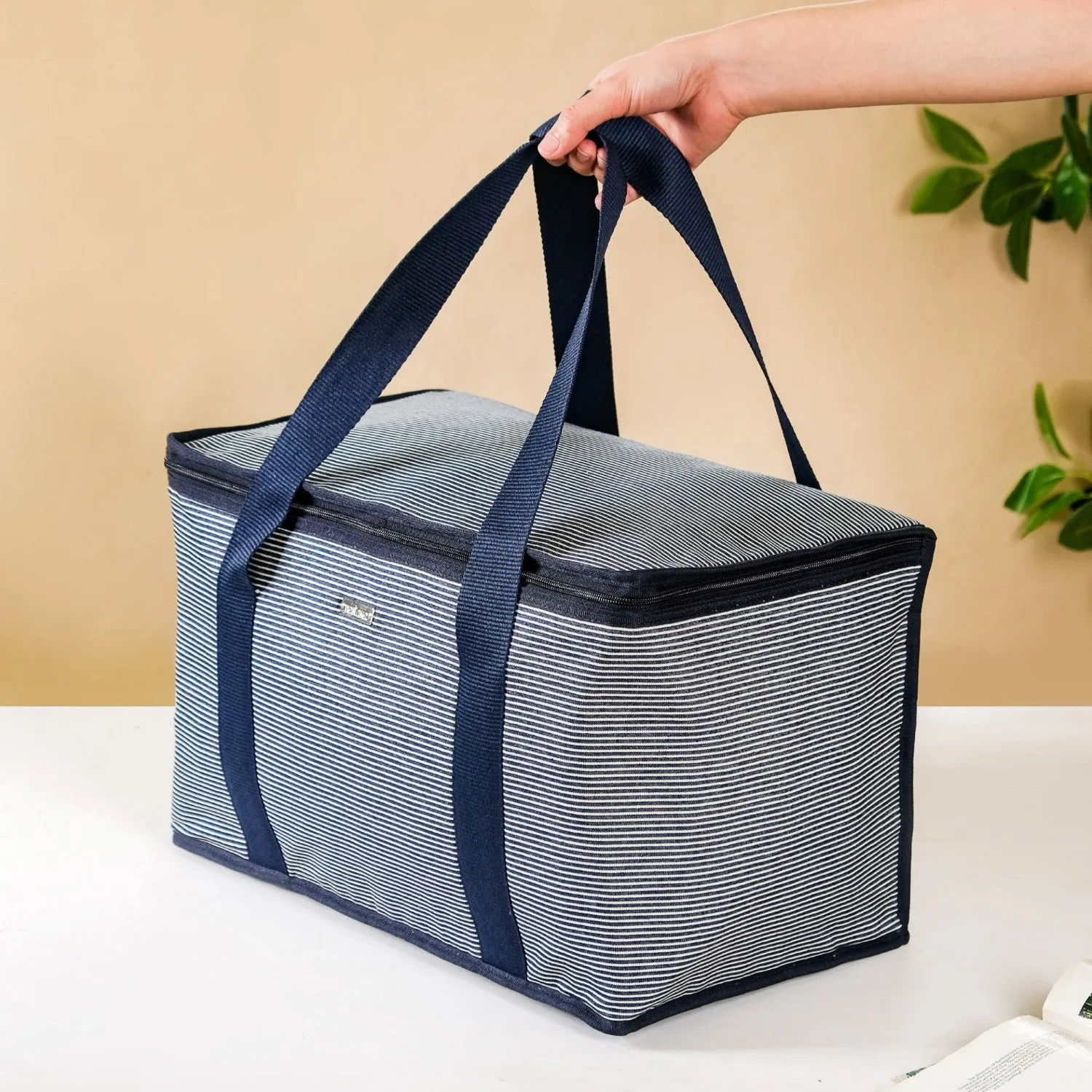 Navy Blue Striped Insulated Food Picnic Bag 30 L