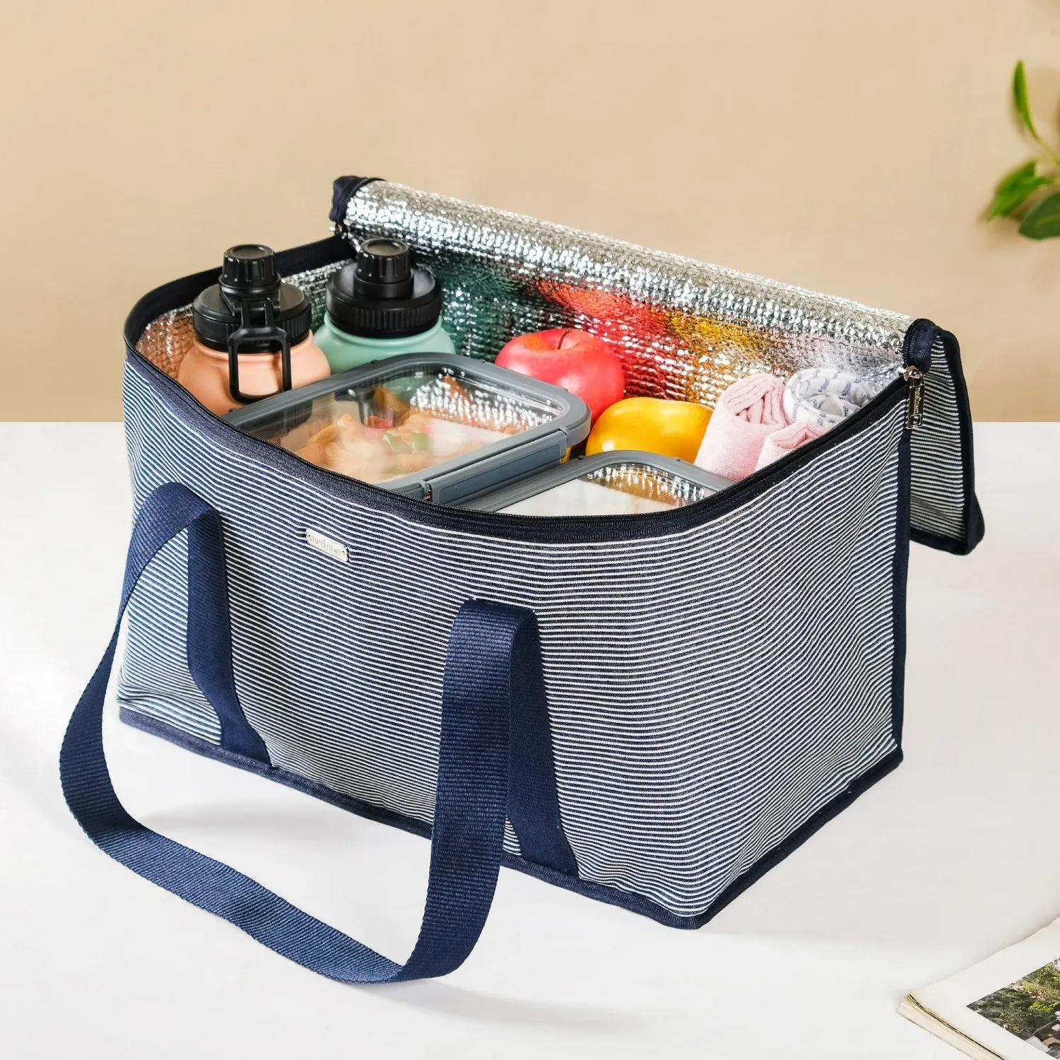 Navy Blue Striped Insulated Food Picnic Bag 30 L