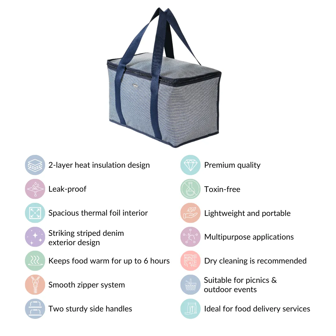 Navy Blue Striped Insulated Food Picnic Bag 30 L