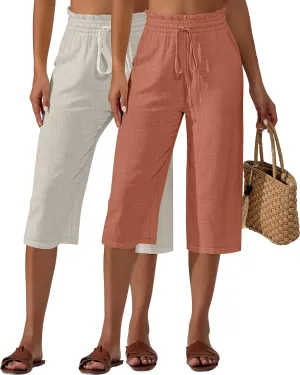 Neer 2 Pcs Women's Linen Wide Leg Capri Pants Beach High Waisted Drawstring Casual Loose Capris Pants with Pockets