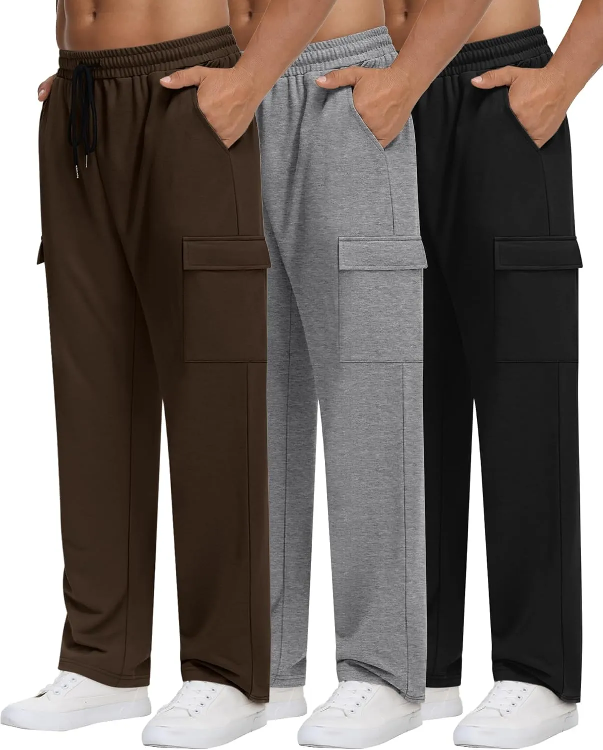 Neer 3 Pack Men's Cargo Sweatpants Baggy Open Bottom Straight Leg Drawstring Joggers Casual Lounge Pants with Pockets