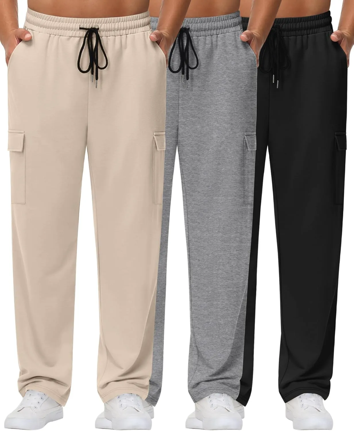 Neer 3 Pack Men's Cargo Sweatpants Baggy Open Bottom Straight Leg Drawstring Joggers Casual Lounge Pants with Pockets