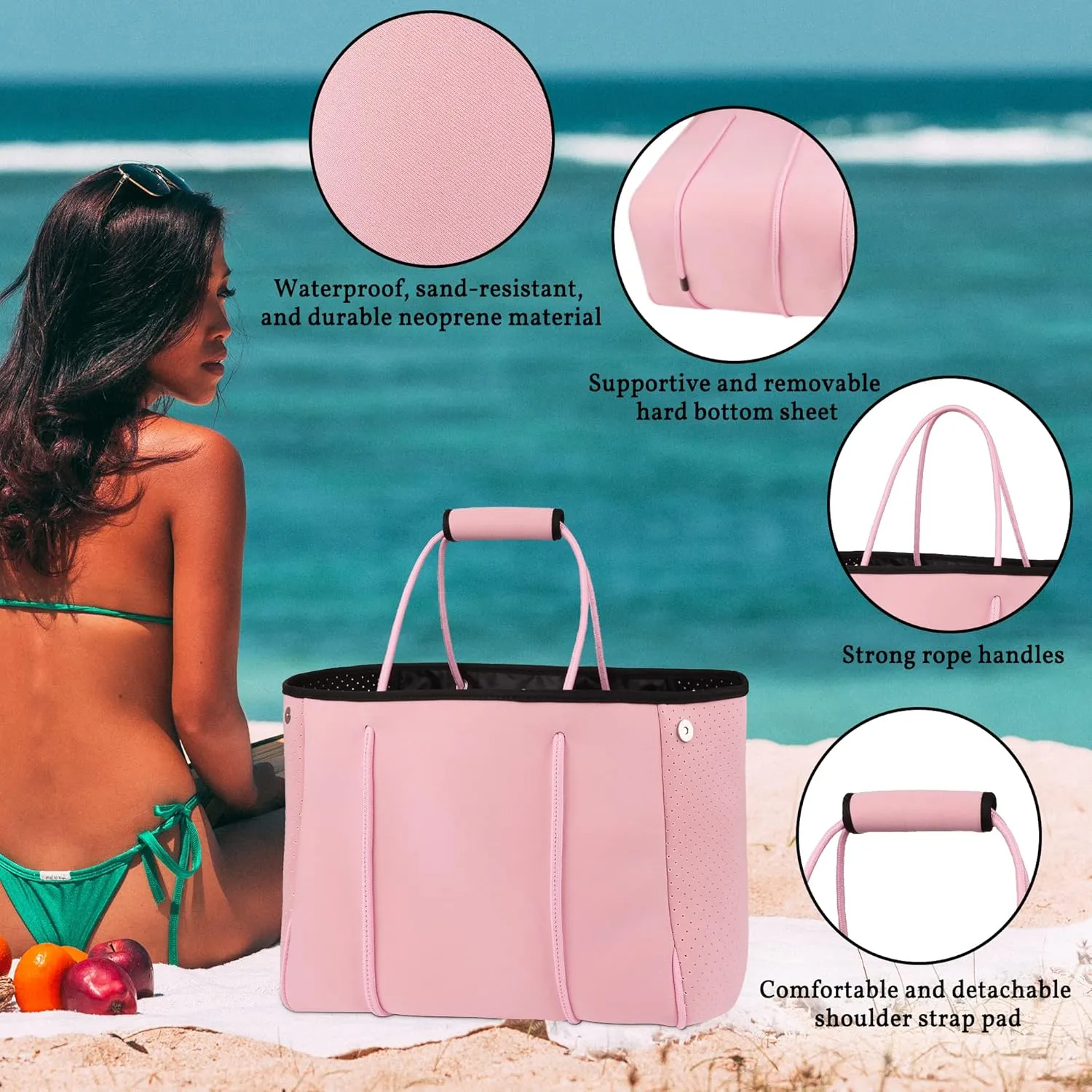 Neoprene Tote Bag - Large Travel Beach Pool Gym Handbag for Women & Men