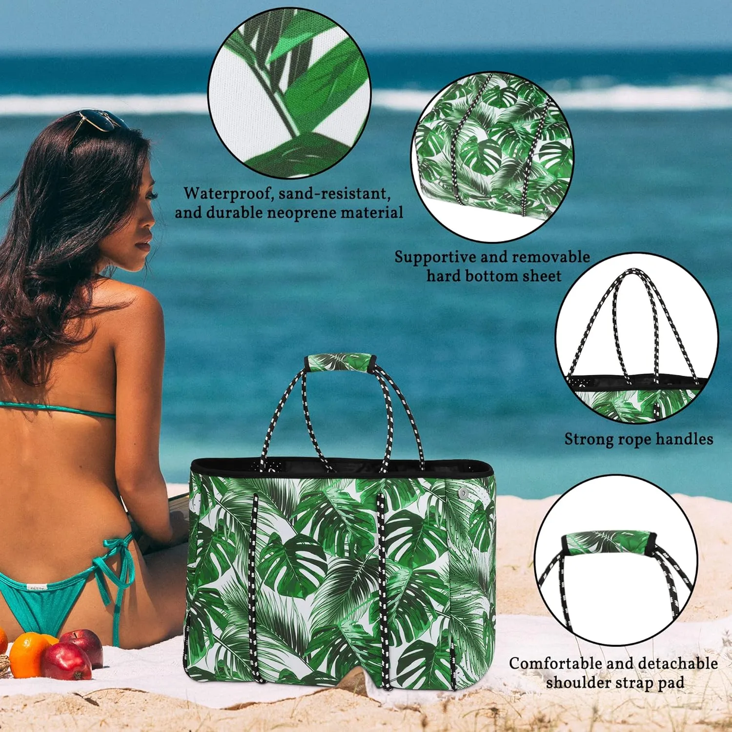 Neoprene Tote Bag - Large Travel Beach Pool Gym Handbag for Women & Men