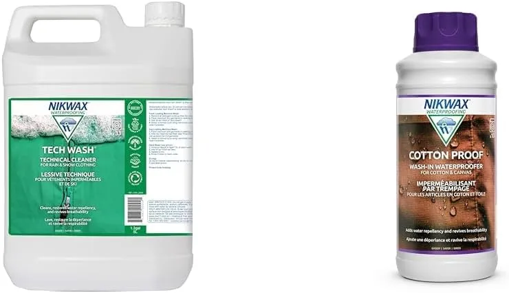 Nikwax Tech Wash 169 fl. oz Cleaner and Nikwax Cotton Proof 1000ml Waterproofer for Jackets, Outerwear, and Cotton Clothing