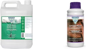 Nikwax Tech Wash 169 fl. oz Cleaner and Nikwax Cotton Proof 1000ml Waterproofer for Jackets, Outerwear, and Cotton Clothing