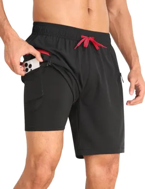 Nonwe Mens Swimming Trunks with Compression Liner 2 in 1 Stretchy Board Shorts with Zipper Pockets