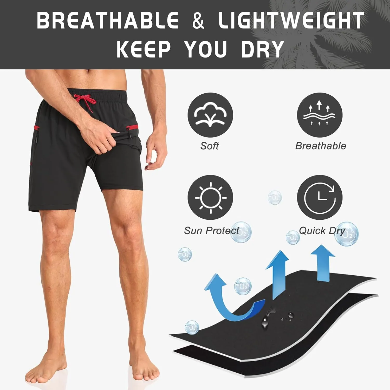 Nonwe Mens Swimming Trunks with Compression Liner 2 in 1 Stretchy Board Shorts with Zipper Pockets