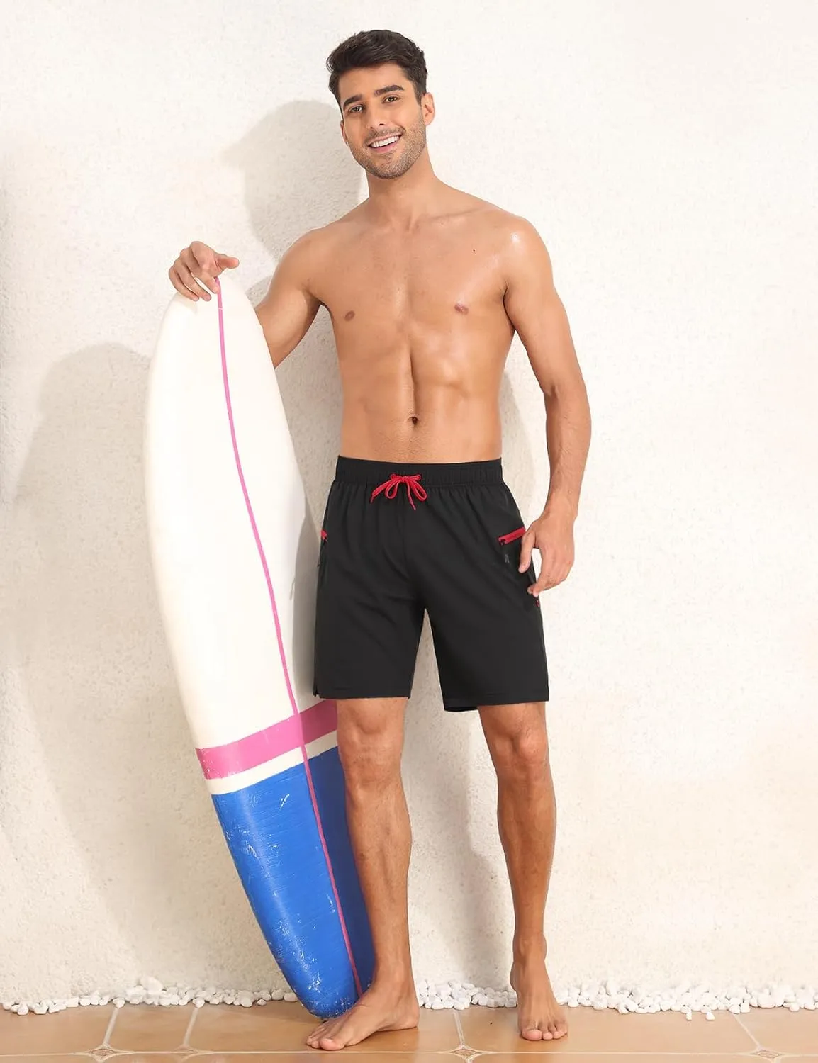 Nonwe Mens Swimming Trunks with Compression Liner 2 in 1 Stretchy Board Shorts with Zipper Pockets