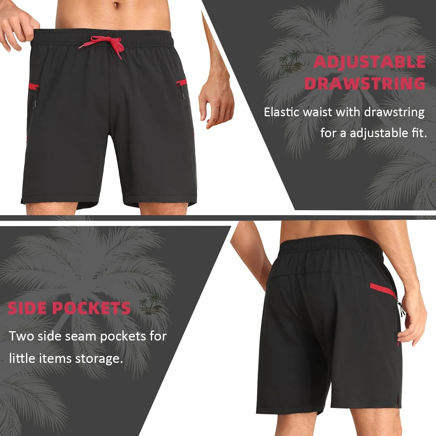 Nonwe Mens Swimming Trunks with Compression Liner 2 in 1 Stretchy Board Shorts with Zipper Pockets