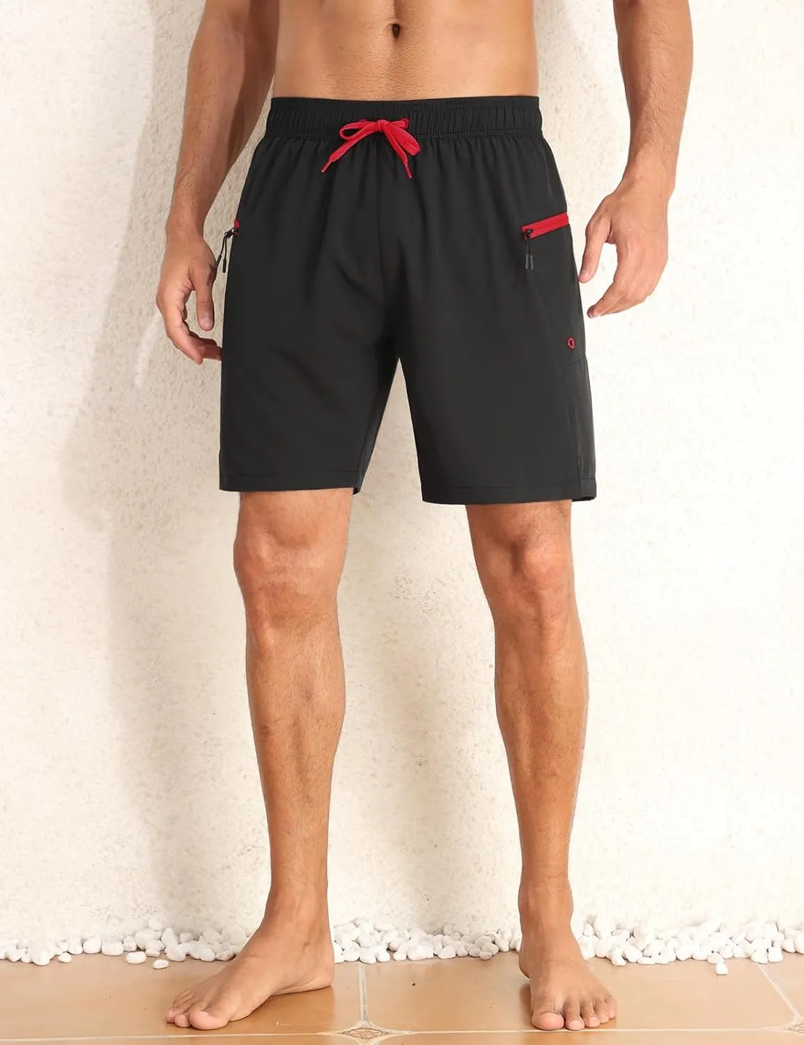 Nonwe Mens Swimming Trunks with Compression Liner 2 in 1 Stretchy Board Shorts with Zipper Pockets