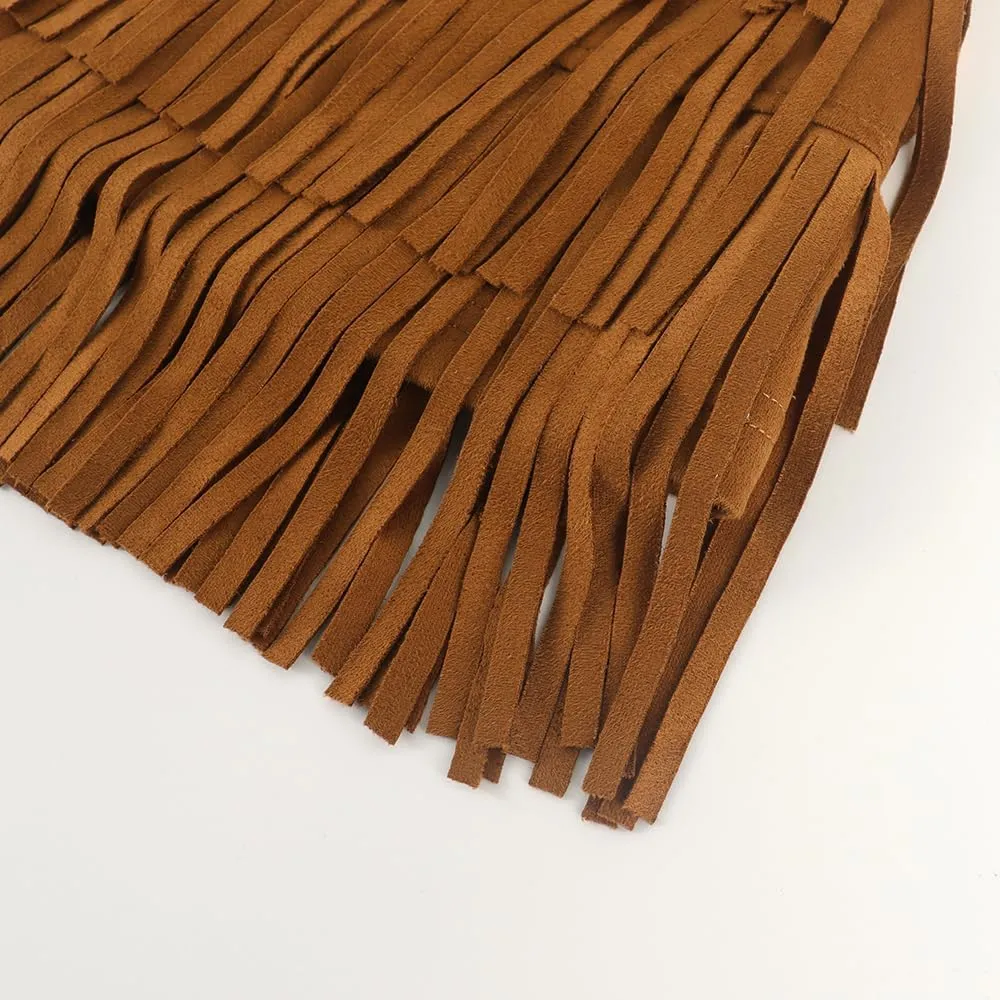 Noomelfish Girls and Women Suede Fringe Skirt Boho Tassel Layered Ruffle Skirt (5-12 Years)