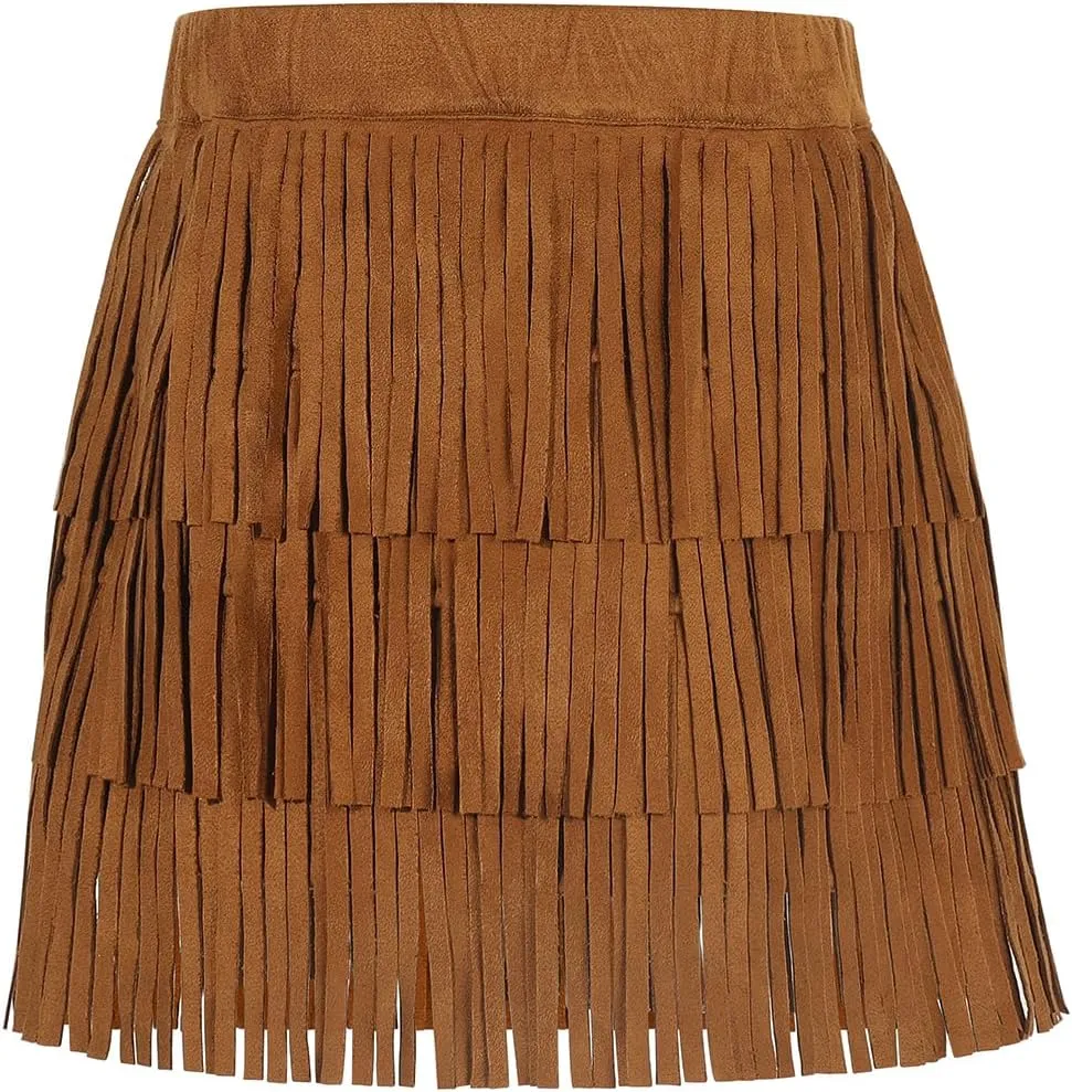 Noomelfish Girls and Women Suede Fringe Skirt Boho Tassel Layered Ruffle Skirt (5-12 Years)