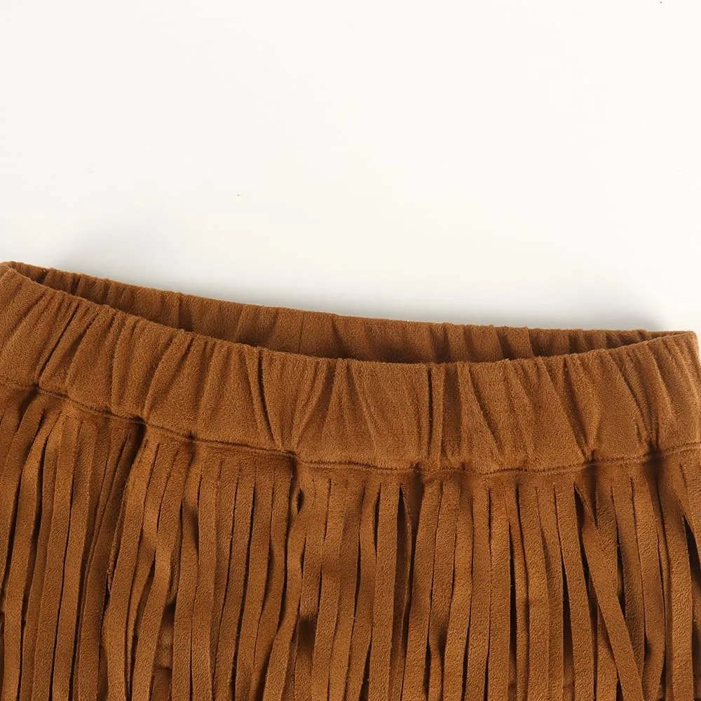 Noomelfish Girls and Women Suede Fringe Skirt Boho Tassel Layered Ruffle Skirt (5-12 Years)