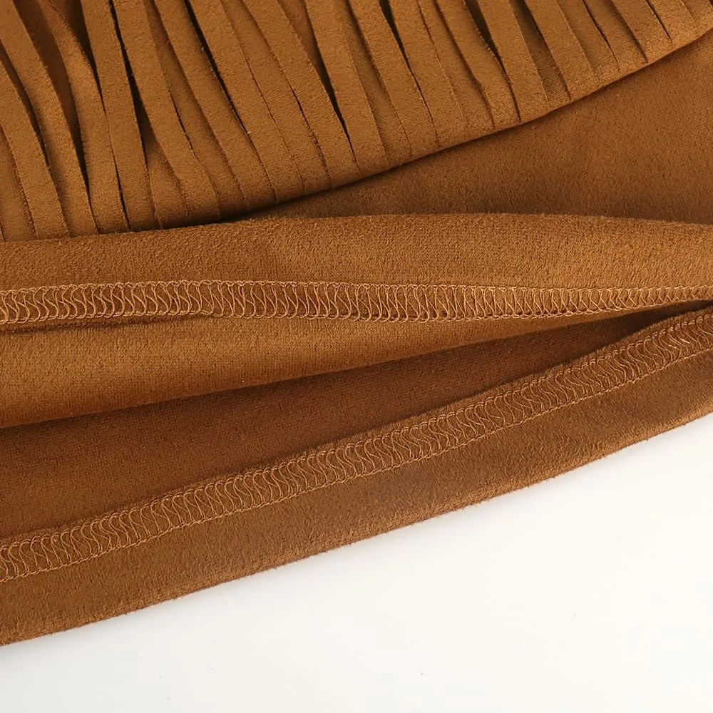 Noomelfish Girls and Women Suede Fringe Skirt Boho Tassel Layered Ruffle Skirt (5-12 Years)