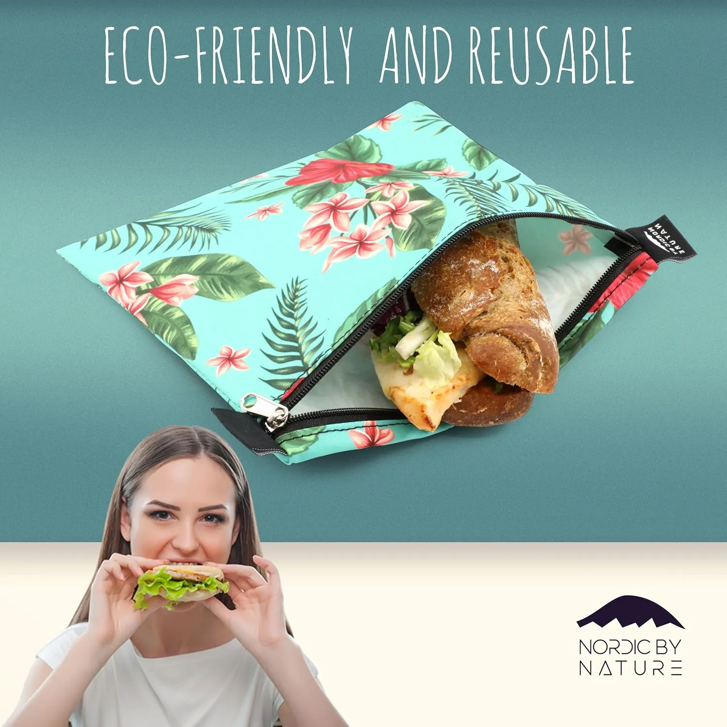 Nordic By Nature 4 Pack - Reusable Sandwich Bags Dishwasher Safe BPA Free - Durable Washable Quick Dry Cloth Baggies -Reusable Snack Bags school lunches - (Tropical Flowers)