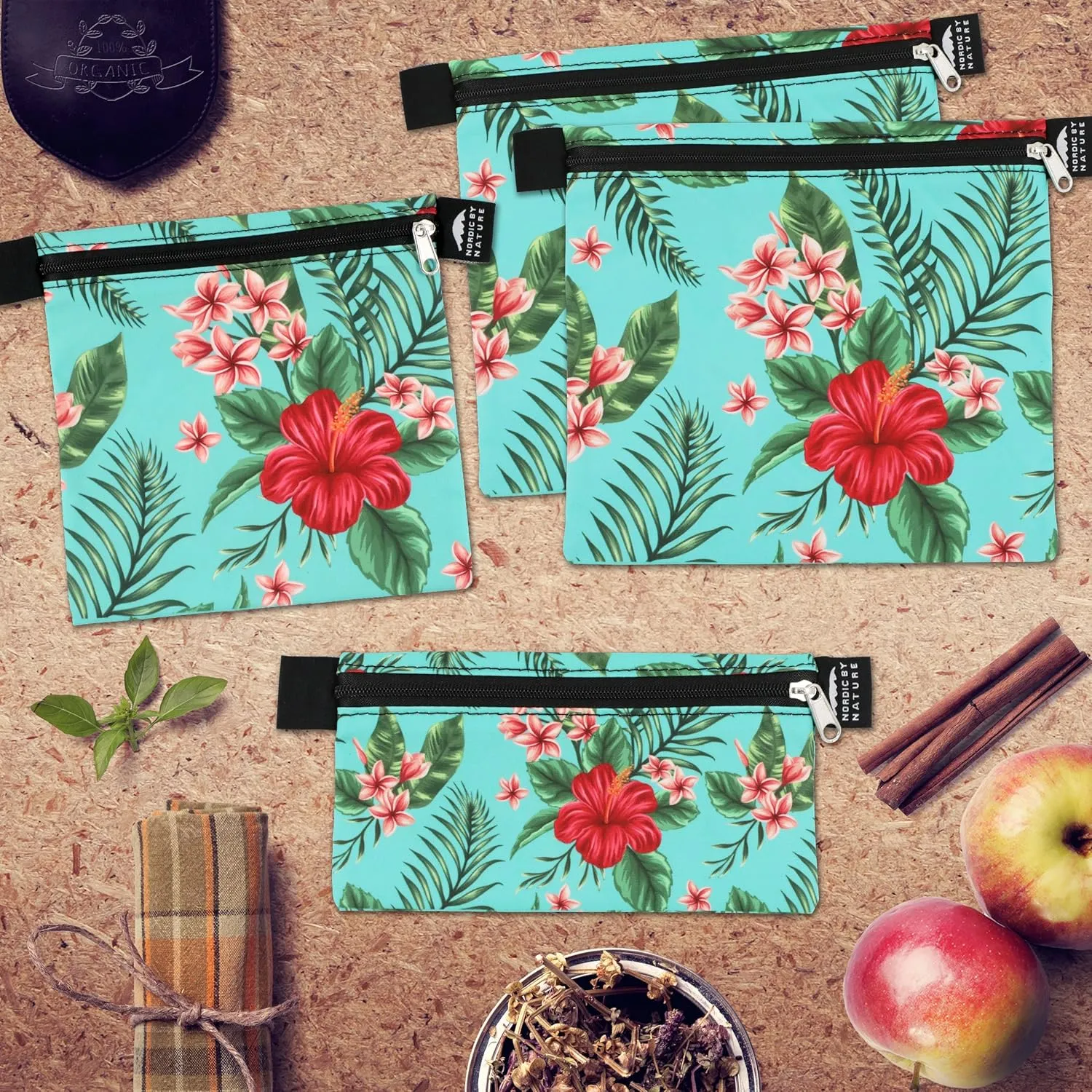 Nordic By Nature 4 Pack - Reusable Sandwich Bags Dishwasher Safe BPA Free - Durable Washable Quick Dry Cloth Baggies -Reusable Snack Bags school lunches - (Tropical Flowers)