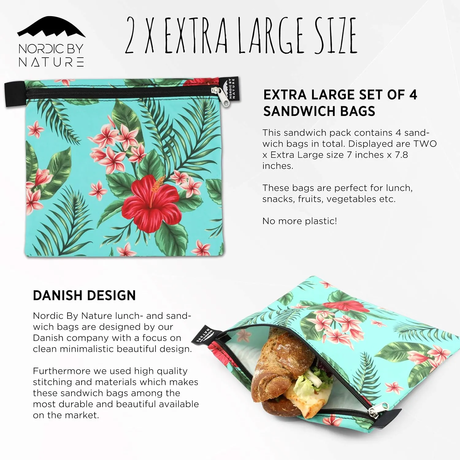 Nordic By Nature 4 Pack - Reusable Sandwich Bags Dishwasher Safe BPA Free - Durable Washable Quick Dry Cloth Baggies -Reusable Snack Bags school lunches - (Tropical Flowers)