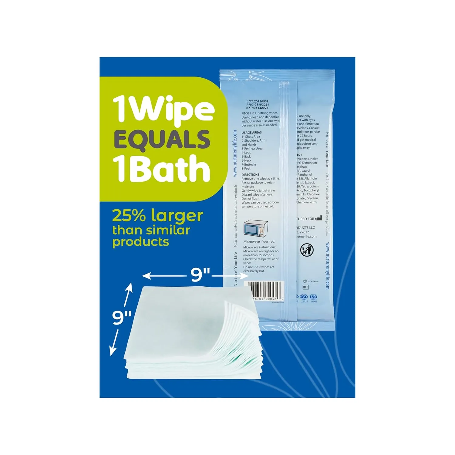 Nurture XL Rinse Free Bathing Wipes for Adults w/Aloe | Waterless Cleansing for sensitive skin | Disposable Adult Body Bath Wet Wipe for Disabled Bedridden | 48 wipes