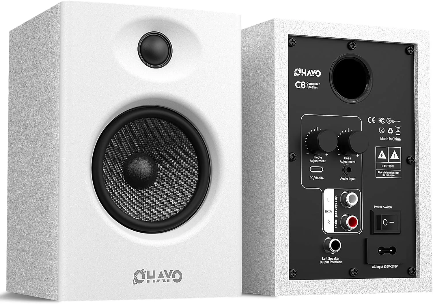 OHAYO 60W Computer Speakers for Gaming and Music, Active Bluetooth 5.3, Stereo 2.0 Speakers for Desktop PC Monitor or Laptop, Surround Sound Speaker, 3.5 mm Aux RCA Input, USB-Powered, 1 Pair, White