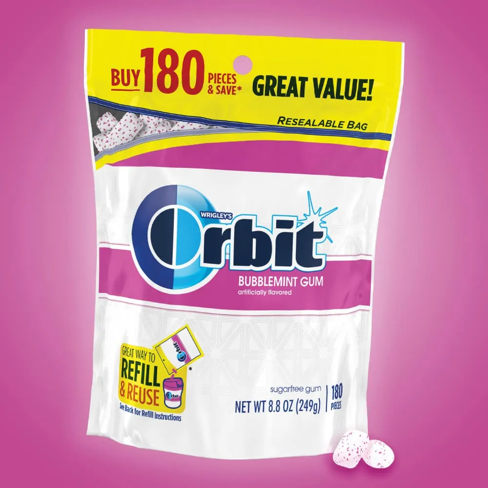 ORBIT Gum Bubblemint Sugar Free Chewing Gum Bulk Pack, 180 ct Bag (Pack of 2)