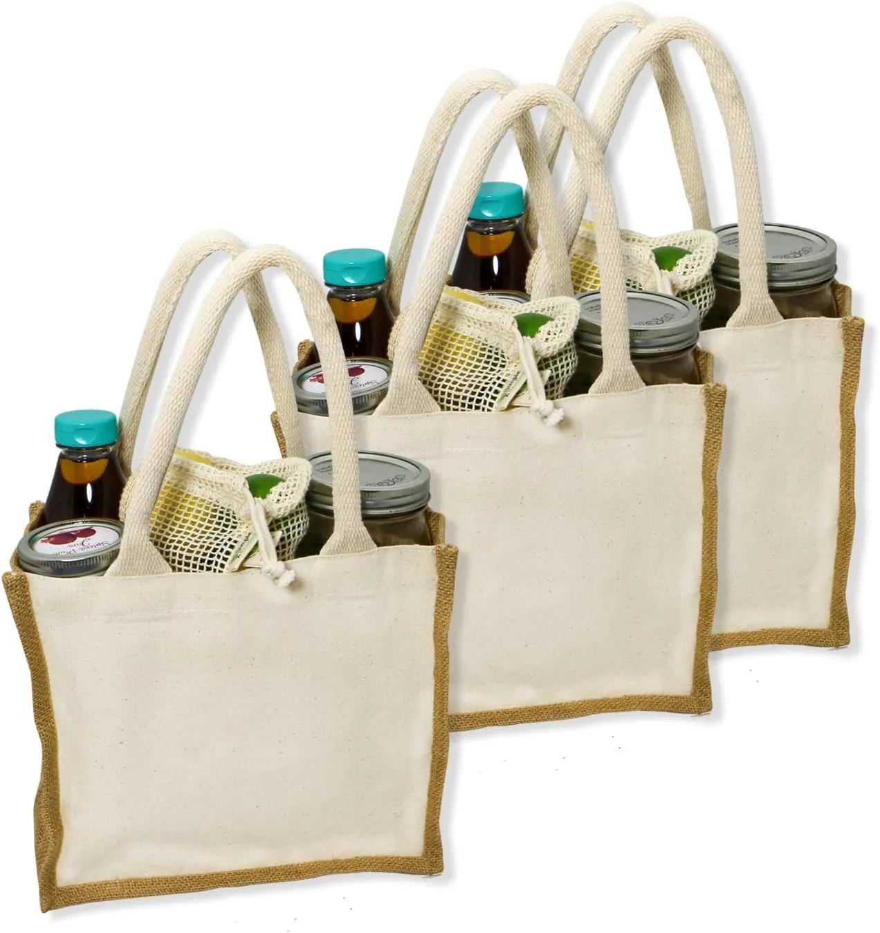 Organic Canvas & Jute Reusable Tote and Grocery Shopping Bag - XL, Mini and Wine Bottle sizes