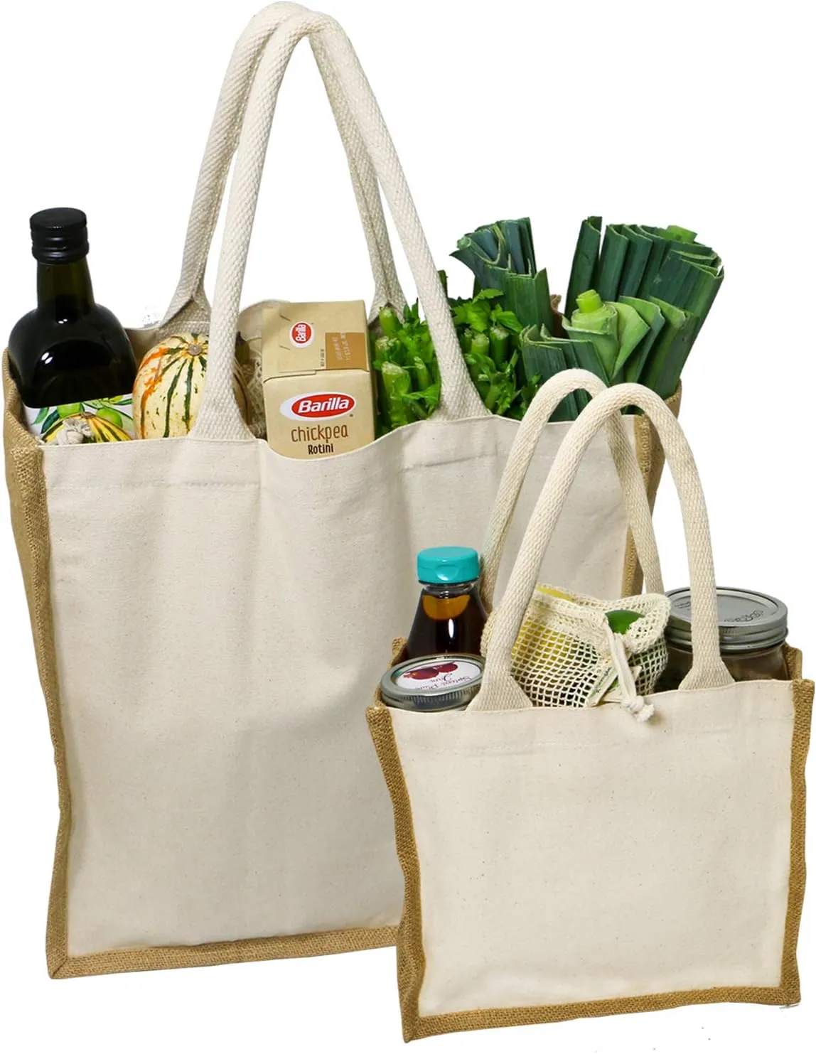 Organic Canvas & Jute Reusable Tote and Grocery Shopping Bag - XL, Mini and Wine Bottle sizes