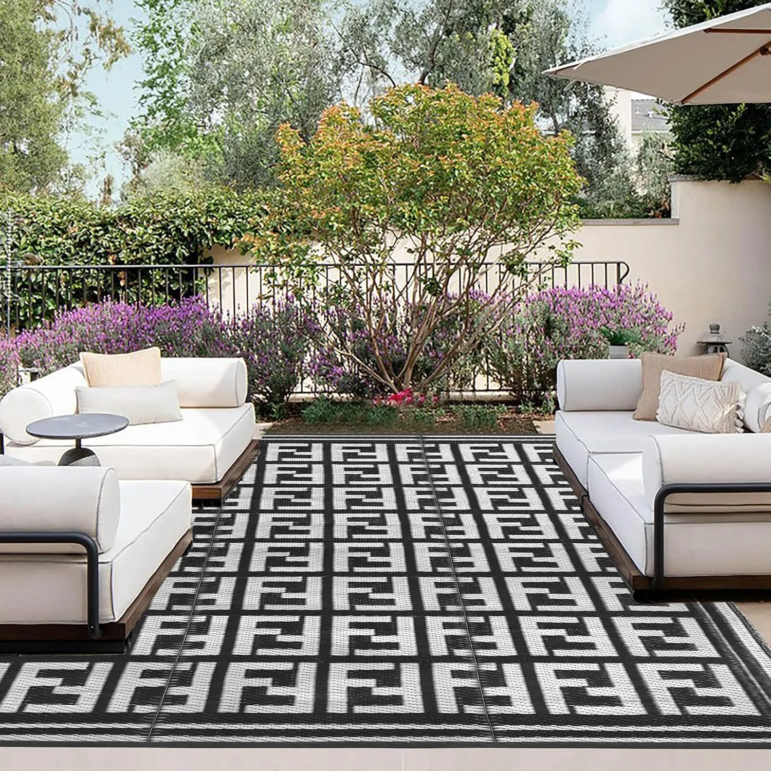 OutdoorLines Outdoor Plastic Area Rugs for Patio 9x12 ft - Reversible Outside Carpet, Stain & UV Resistant RV Mats, Straw Rug for Camping, Deck Garden, Porch and Balcony, Geometry Black & Light Grey