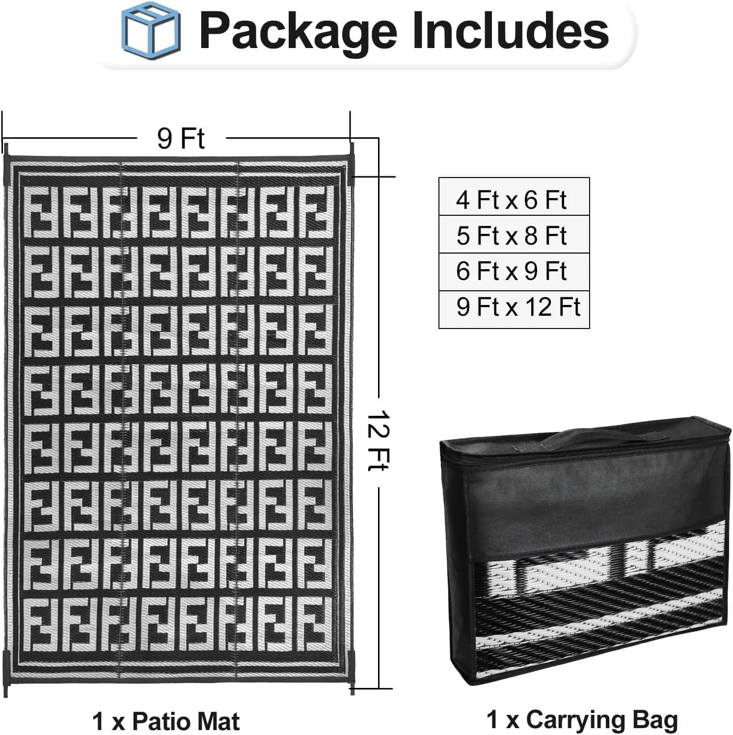 OutdoorLines Outdoor Plastic Area Rugs for Patio 9x12 ft - Reversible Outside Carpet, Stain & UV Resistant RV Mats, Straw Rug for Camping, Deck Garden, Porch and Balcony, Geometry Black & Light Grey