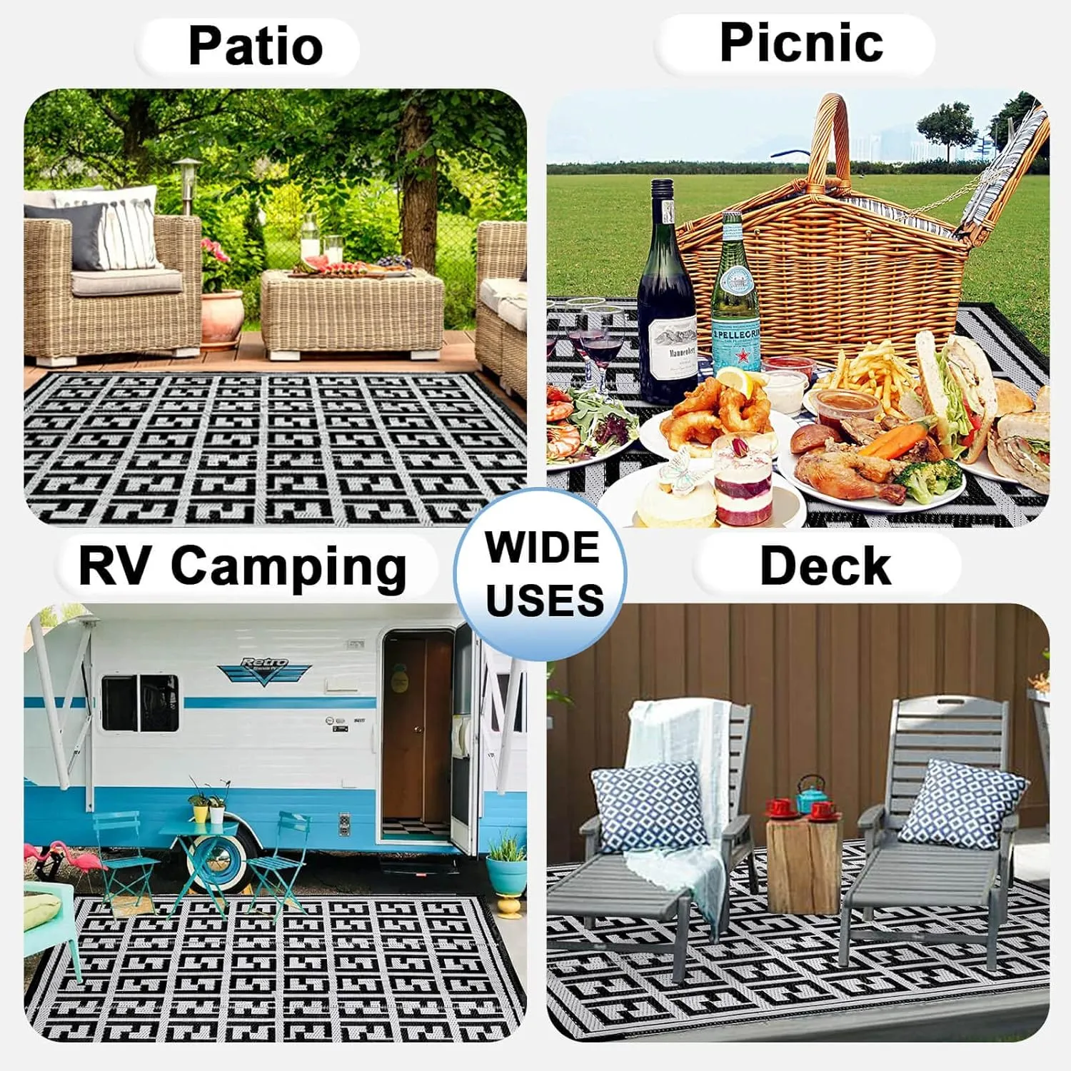 OutdoorLines Outdoor Plastic Area Rugs for Patio 9x12 ft - Reversible Outside Carpet, Stain & UV Resistant RV Mats, Straw Rug for Camping, Deck Garden, Porch and Balcony, Geometry Black & Light Grey