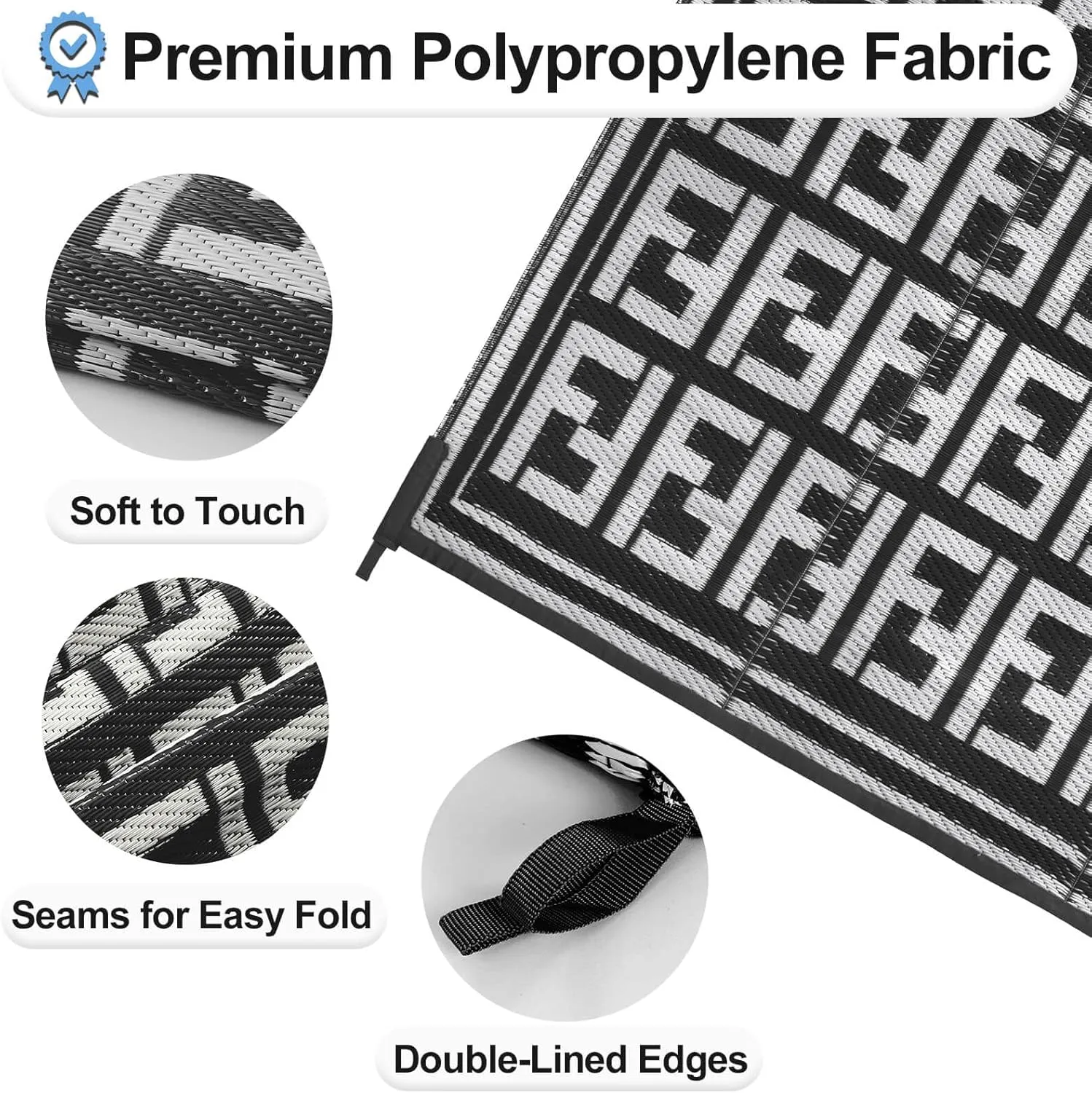 OutdoorLines Outdoor Plastic Area Rugs for Patio 9x12 ft - Reversible Outside Carpet, Stain & UV Resistant RV Mats, Straw Rug for Camping, Deck Garden, Porch and Balcony, Geometry Black & Light Grey