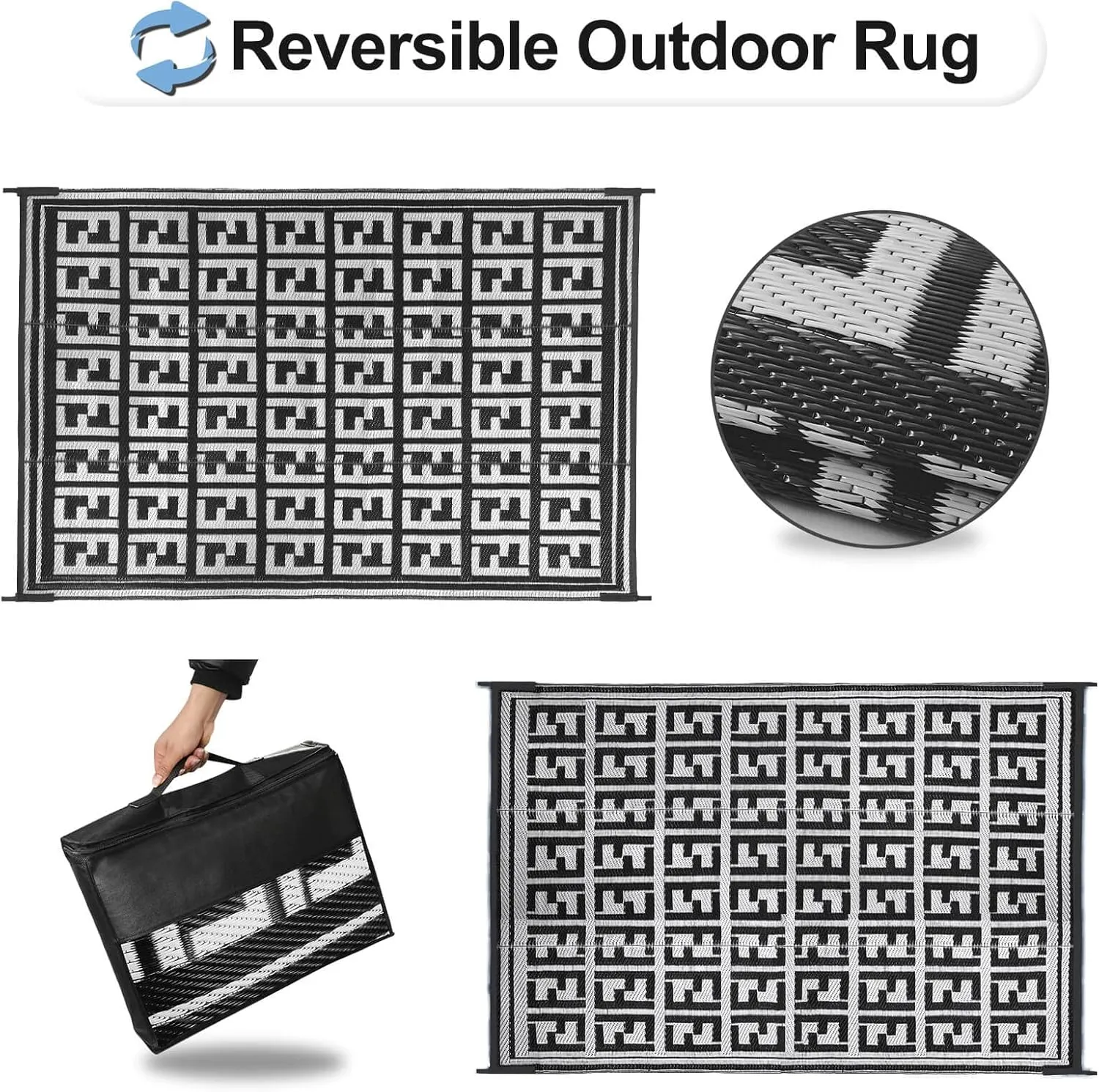 OutdoorLines Outdoor Plastic Area Rugs for Patio 9x12 ft - Reversible Outside Carpet, Stain & UV Resistant RV Mats, Straw Rug for Camping, Deck Garden, Porch and Balcony, Geometry Black & Light Grey