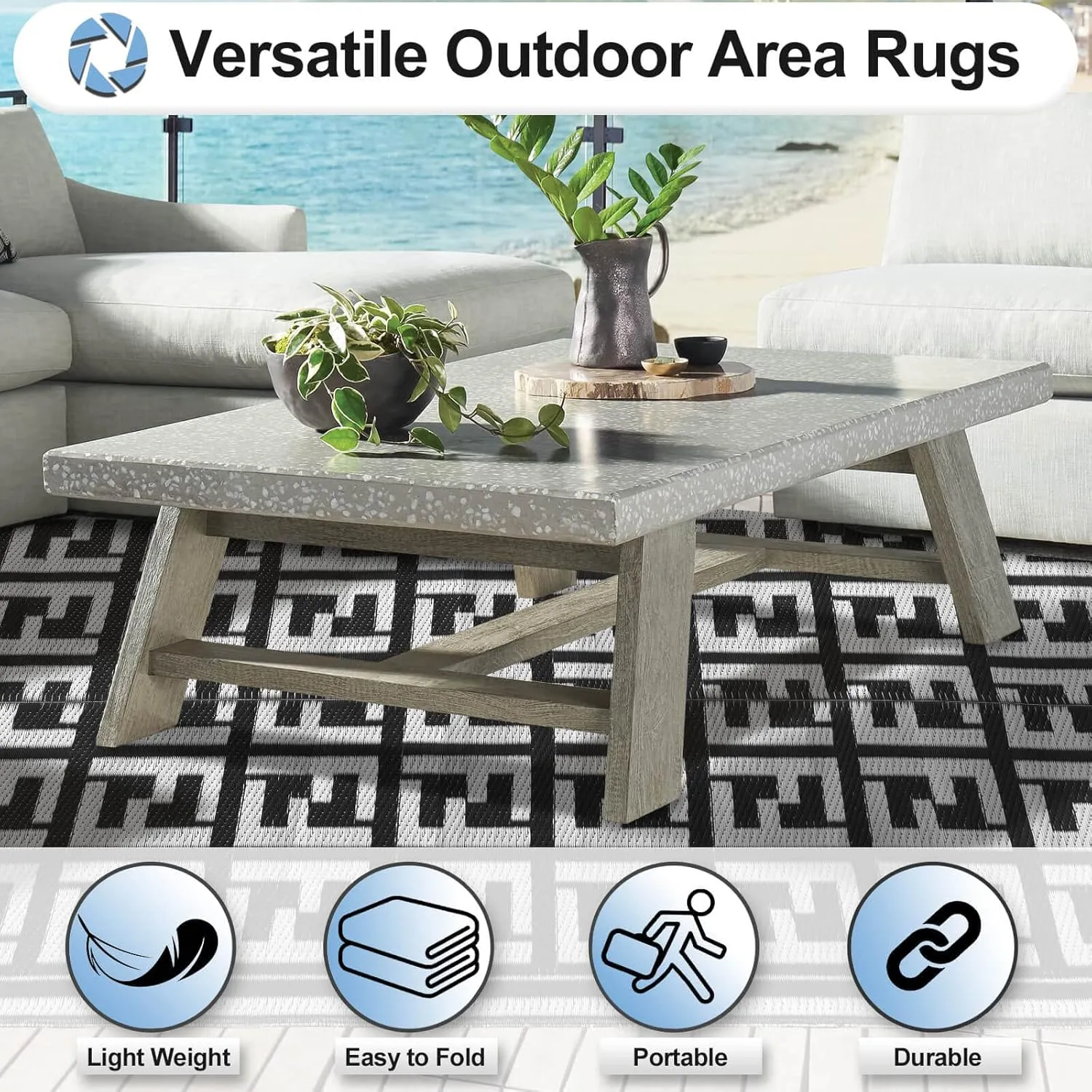OutdoorLines Outdoor Plastic Area Rugs for Patio 9x12 ft - Reversible Outside Carpet, Stain & UV Resistant RV Mats, Straw Rug for Camping, Deck Garden, Porch and Balcony, Geometry Black & Light Grey