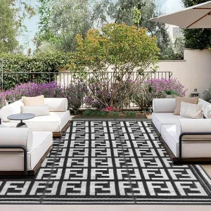 OutdoorLines Outdoor Plastic Area Rugs for Patio 9x12 ft - Reversible Outside Carpet, Stain & UV Resistant RV Mats, Straw Rug for Camping, Deck Garden, Porch and Balcony, Geometry Black & Light Grey
