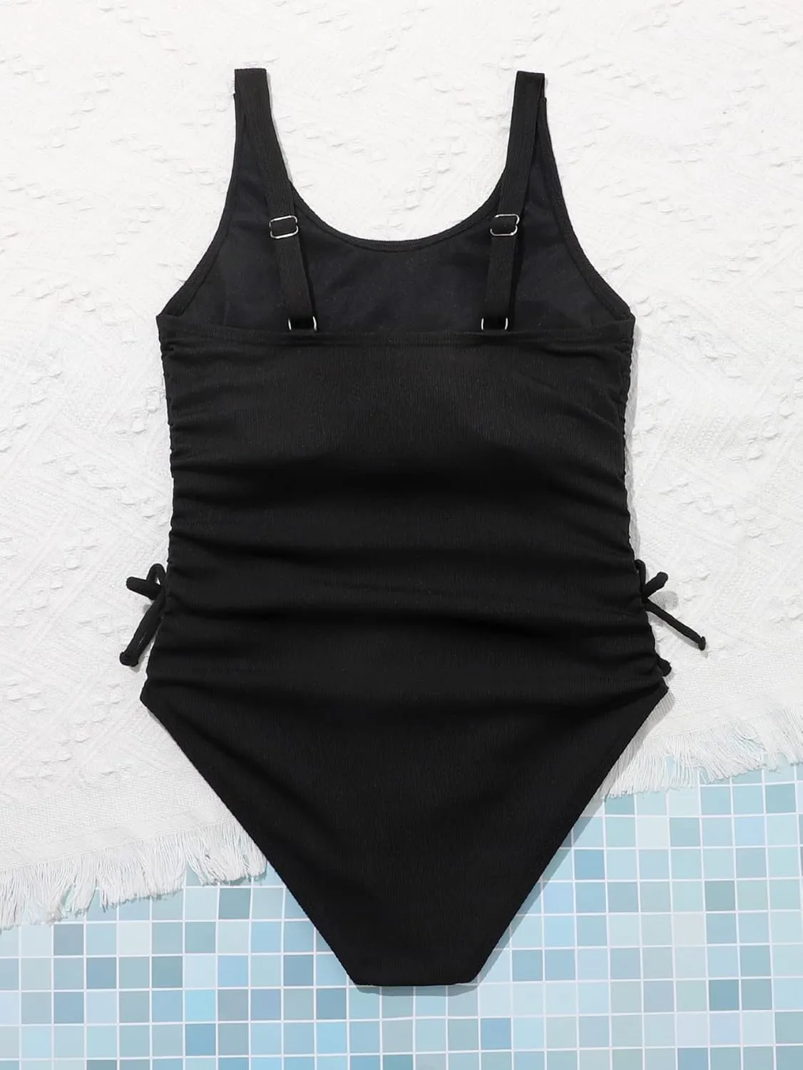 OYOANGLE Girl's Cute Spaghetti Straps Round Neck Drawstring One Piece Swimwear Tie Bathing Suit