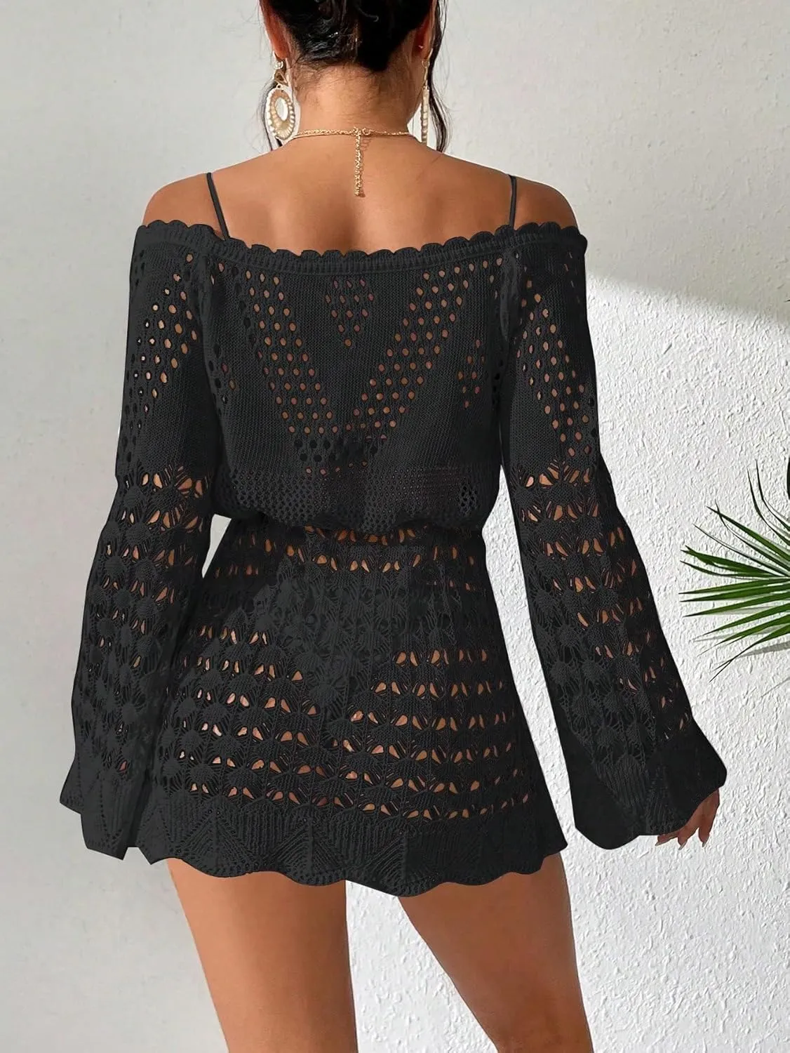 OYOANGLE Women's Crochet Hollow Out Long Sleeve Off Shoulder Beach Dress See Through Cover Up Swimwear