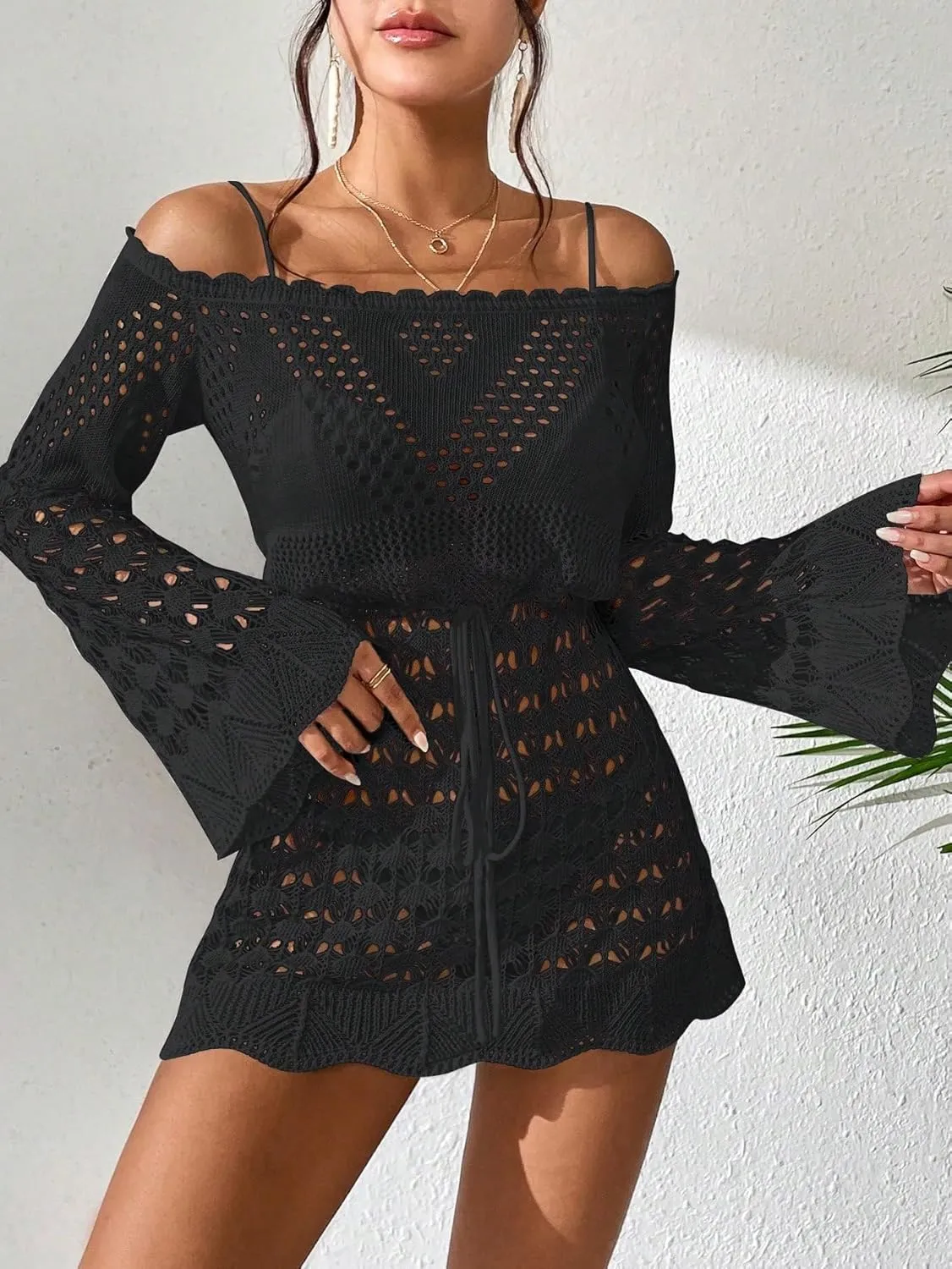 OYOANGLE Women's Crochet Hollow Out Long Sleeve Off Shoulder Beach Dress See Through Cover Up Swimwear