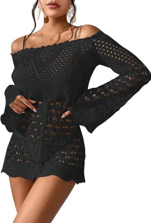 OYOANGLE Women's Crochet Hollow Out Long Sleeve Off Shoulder Beach Dress See Through Cover Up Swimwear