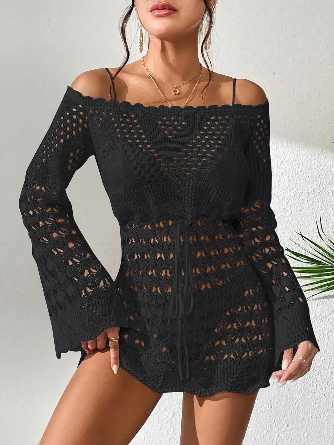 OYOANGLE Women's Crochet Hollow Out Long Sleeve Off Shoulder Beach Dress See Through Cover Up Swimwear