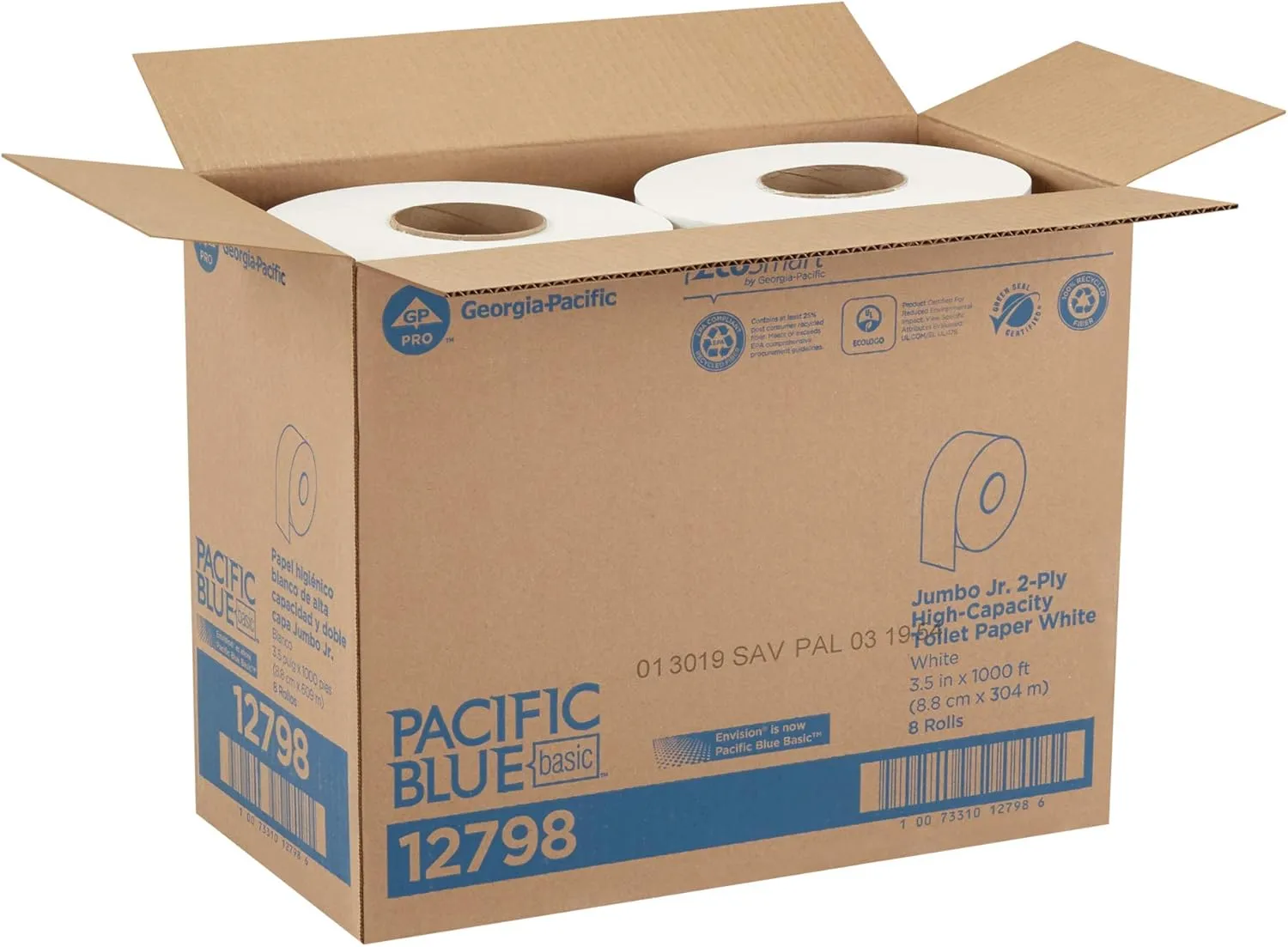 PACIFIC BLUE BASIC® JUMBO JR. 2-PLY HIGH-CAPACITY TOILET PAPER, WHITE, 8 ROLLS PER CASE