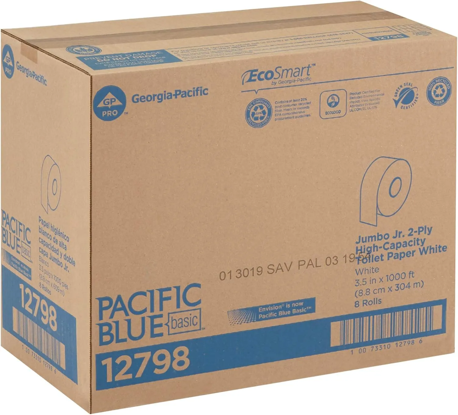 PACIFIC BLUE BASIC® JUMBO JR. 2-PLY HIGH-CAPACITY TOILET PAPER, WHITE, 8 ROLLS PER CASE