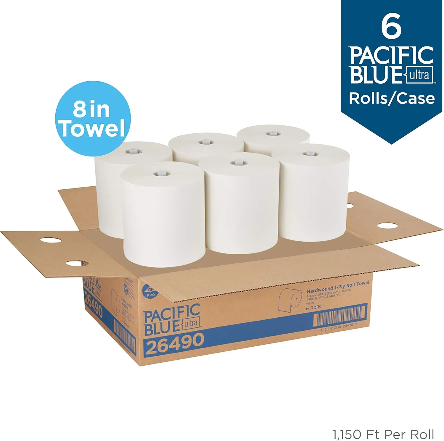 Pacific Blue Ultra 8” High-Capacity Recycled Paper Towel Roll by GP PRO (Georgia-Pacific), White, 26490, 1150 Feet Per Roll, 6 Rolls Per Case